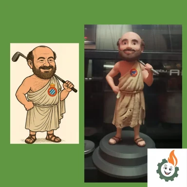 Figura de un filósofo con toga, sosteniendo un palo de golf, junto a su ilustración.