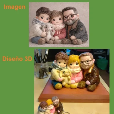 Escultura en 3D de una familia sentada con peluches. Vínculo emocional y tierno.