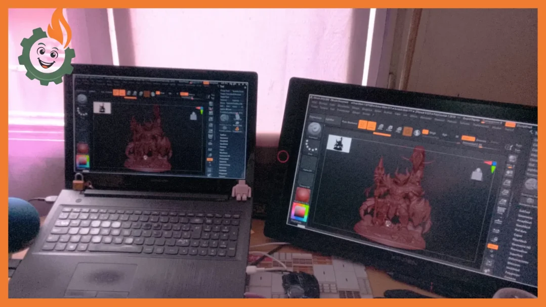 Dos pantallas mostrando un diseño digital con fondo rojo y detalles de un personaje.