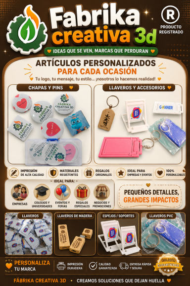 Publicidad de "Fabrika Creativa 3D" con artículos personalizados para diversas ocasiones.