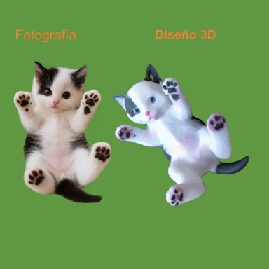 Gato en fotografía a la izquierda y gato en diseño 3D a la derecha, ambos acostados.