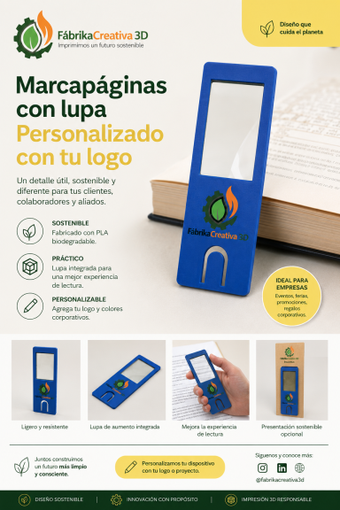 Marcador de páginas azul con lupa, personalizable, con texto y detalles sobre su uso.