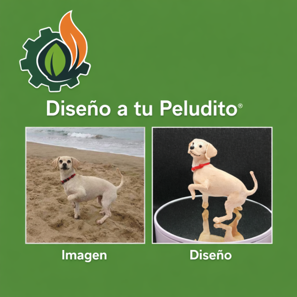 Diseño tu peludito Perro labrador amarillo en la playa y figura de un perro similar sobre un pedestal.