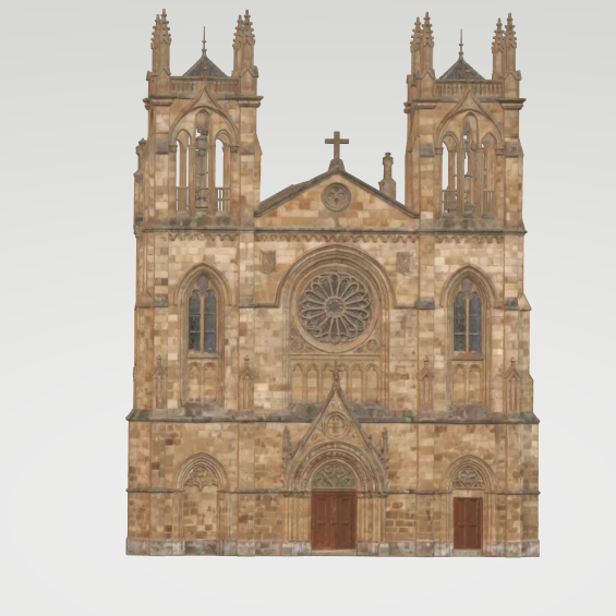 
“Vista frontal de una iglesia de estilo gótico, construida en piedra, con dos altas torres laterales, un gran rosetón