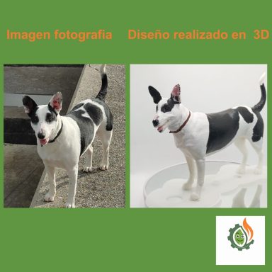 Perro con pelaje blanco y negro, de pie en una superficie blanca, mostrando diseño 3D.